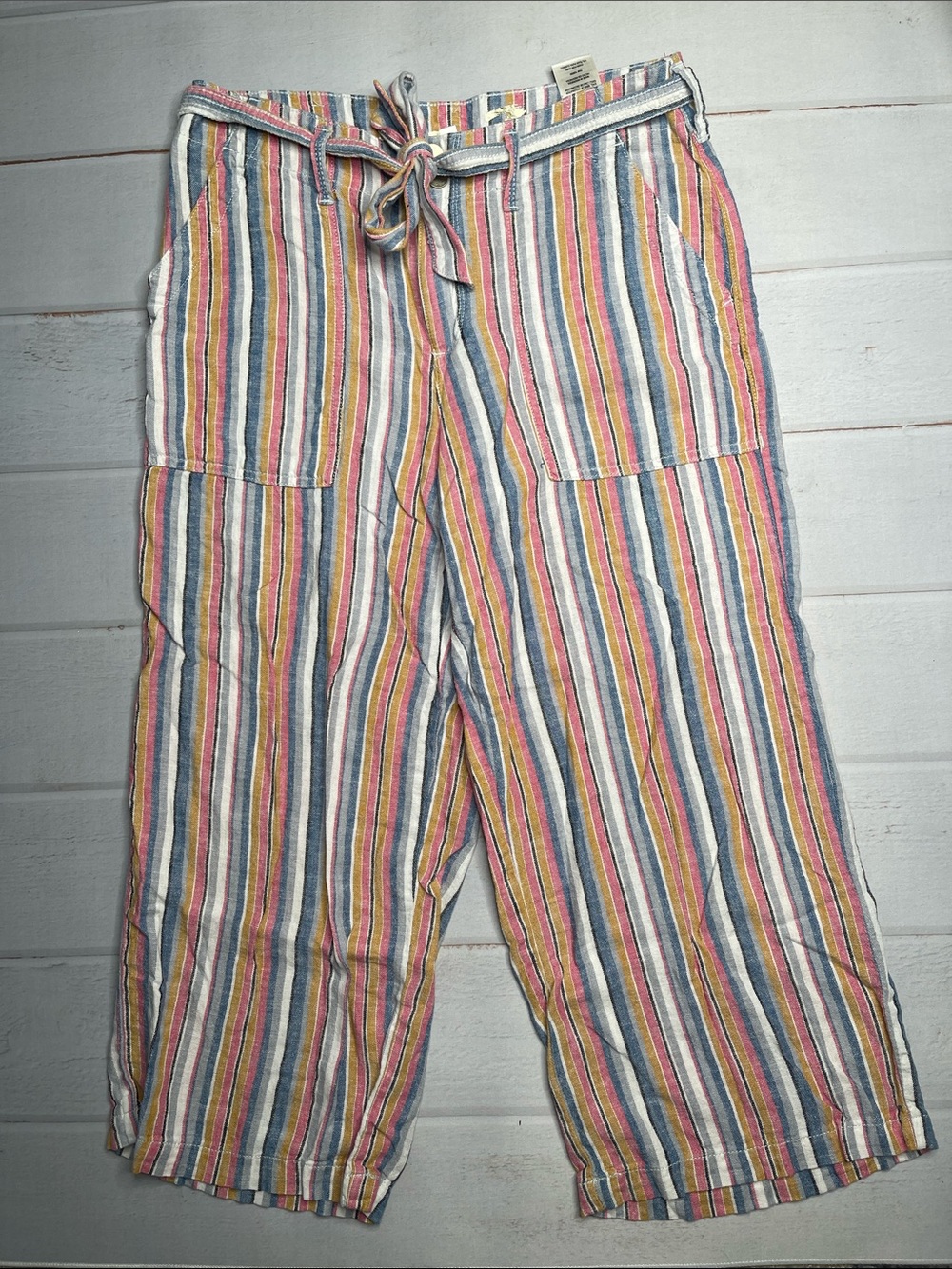 Seven 7 Wide Leg Crop Pants 6 Striped Linen Ladies Seven7 Tie Waist Belt Beach